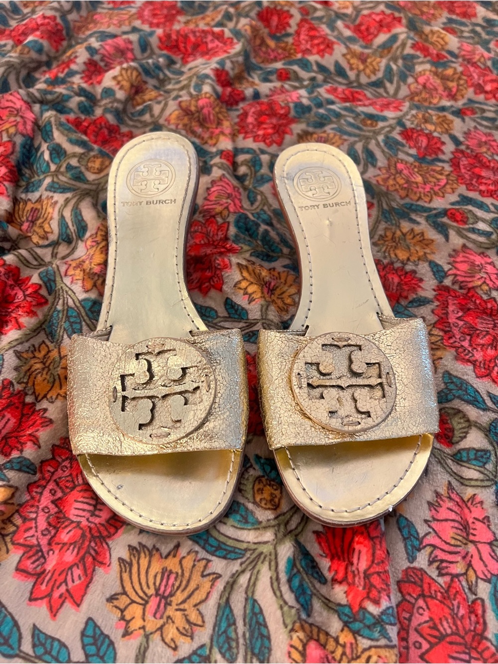 Tory Burch Metallic Gold Logo Slide Mules